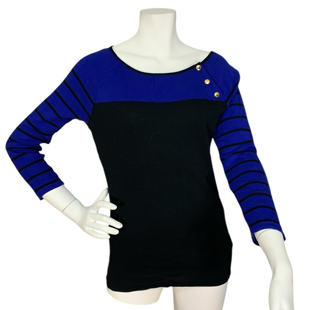 LRL blue & black color block top with gold tone buttons & Striped sleeves. Sz M